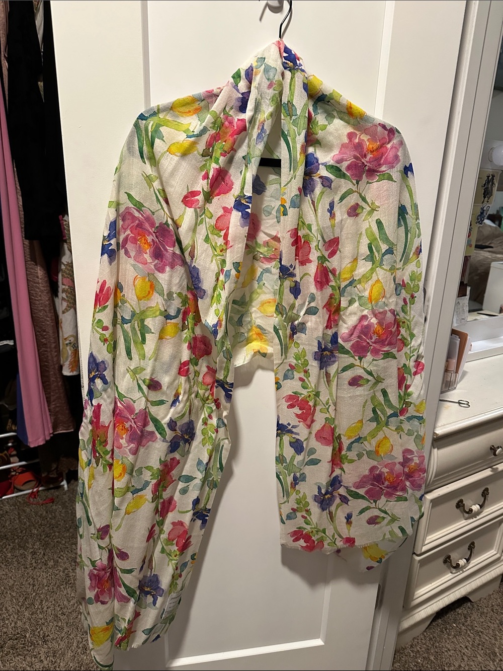 Punctuate Floral Wool-Silk Scarf in White with Pink, Yellow & Green